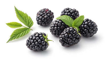 Fresh blackberries with green leaves on white background
