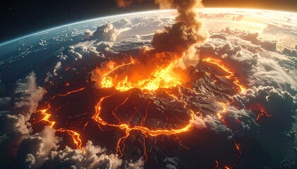 Cataclysmic volcanic eruption on earth seen from space with glowing lava and ash cloud