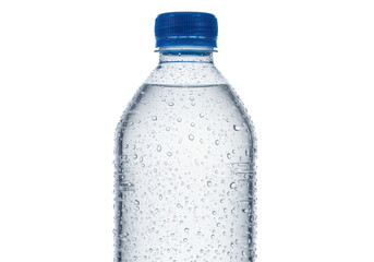Fototapeta premium pristine clear plastic bottle of effervescent sparkling water, covered in condensation, royal blue cap, isolated on white background with copy space. concept for beverage advertising