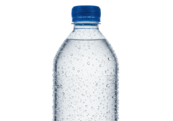 pristine clear plastic bottle of effervescent sparkling water, covered in condensation, royal blue cap, isolated on white background with copy space. concept for beverage advertising