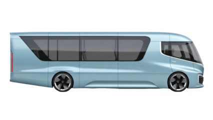 Modern light blue bus PNG isolated on transparent background, futuristic passenger vehicle for transportation design and commercial use