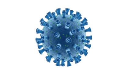 Blue coronavirus virion isolated PNG, detailed 3D render of COVID-19 virus particle for medical and scientific use on transparent background