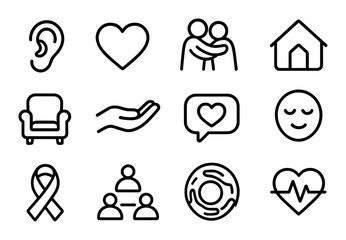 Set of minimalist icons representing emotions love support and wellness