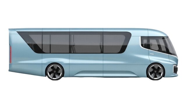 Modern light blue bus PNG isolated on transparent background, futuristic passenger vehicle for transportation design and commercial use