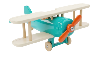 Wooden biplane toy PNG isolated on transparent background, vintage style airplane model for kids room decor and educational play