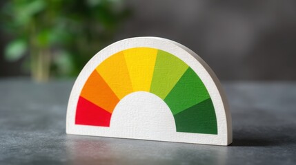 Wooden rainbow scale depicting environmental sustainability scorecard and performance metrics in a creative design