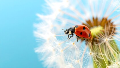 A vibrant ladybug with red wings and black spots perches on a white dandelion seed head, against a blue sky