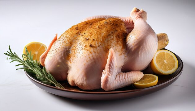 whole raw chicken seasoned and ready to cook sits on a plate with lemons and rosemary