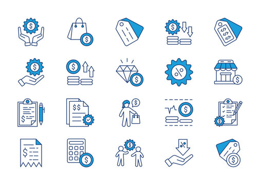 Price thin blue icon set. Containing product, price tag, low price, expensive, cost, high price, value, discount