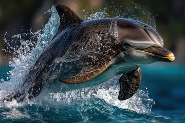dolphin, high-speed photography full-body portrait jumping out of the water splashing waves