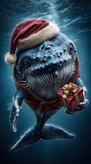 baby cute whale wearing Santa Claus clothes and santa hat is giving a giftbox to you floating in the currents