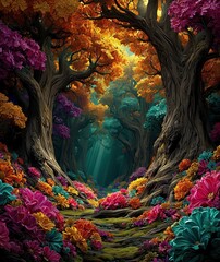 magical tall trees with fresh green leaves, sunlight rays through branches, moss-covered ground, detailed bark textures, serene and majestic atmosphere folk fantasy.