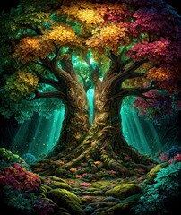 magical tall trees with fresh green leaves, sunlight rays through branches, moss-covered ground, detailed bark textures, serene and majestic atmosphere folk fantasy.