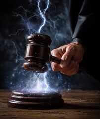 detail hand of judge with hammer slamming detail close up, action shot with impact power lightning