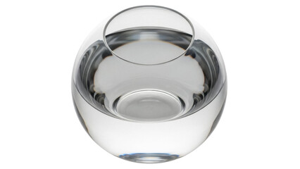 Clear glass fishbowl vase with water isolated PNG, round transparent container for floral arrangements and home decor on transparent background