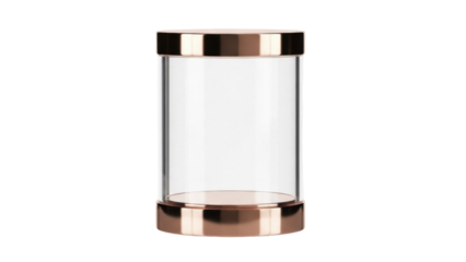 Elegant clear glass cylinder display case isolated PNG, modern container with copper accents on transparent background