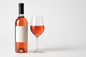 ロゼワインの入ったグラスとワインボトル　右側にコピースペース