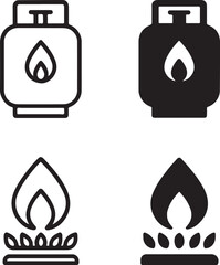 Isolated Cooking Gas Icon Set, Cooking Stove Flame Symbol Icon Collection, Kitchen Gas Energy Icon, Black Minimal Energy Gas Icon, Solid And Outline Vector Design For Culinary Projects