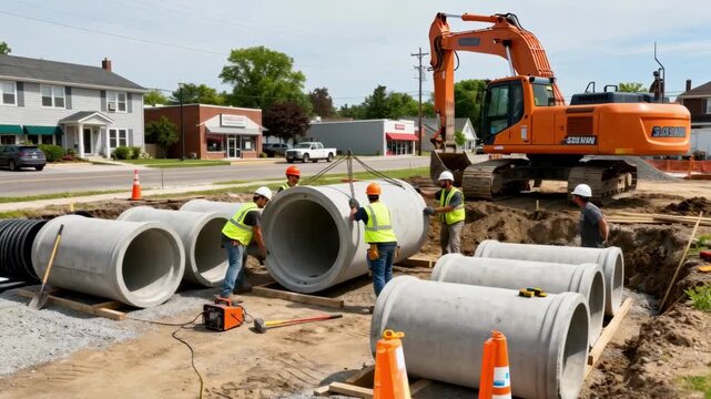 Construction crew assembling large drainage culverts in a mixeduse suburban area for effective stormwater management.
