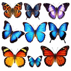 Obraz premium Nine colorful butterflies, wings spread, isolated on white background