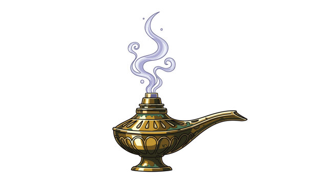 Golden magic lamp with swirling smoke emerges from its spout, evoking tales of wishes and ancient folklore.