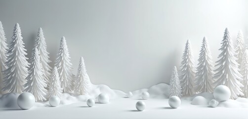 Minimalist white winter forest scene with fir trees and spheres. Clean empty background for holiday product display. Abstract festive snowy landscape for advertising.