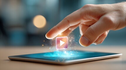 Conceptual image of a human hand pointing at a digital tablet screen, with a holographic play button icon hovering above it, emitting glowing particles, representing multimedia streaming.