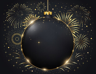 Czarne, świąteczne, minimalistyczne, luksusowe tło z dużą bombką otoczoną złotymi iskrami, gwiazdami i fajerwerkami