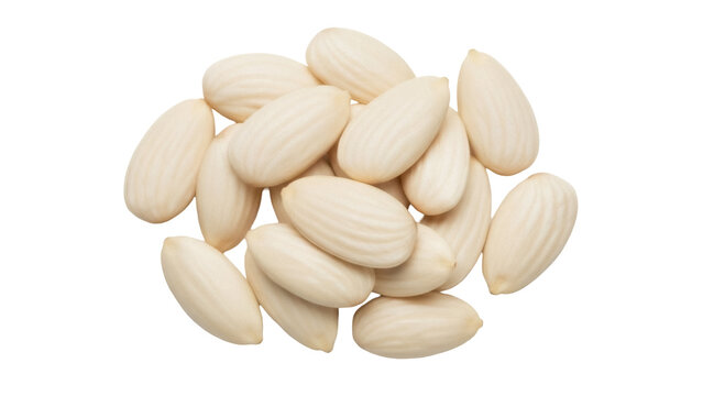 Pile of blanched almonds isolated PNG, peeled nuts on transparent background for healthy snack and ingredient use