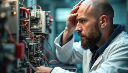 Bearded engineer in lab coat holds head in frustration. He works on complex electronics wiring, circuits. Problem solving requires deep concentration, expertise in tech. He needs to find solution.