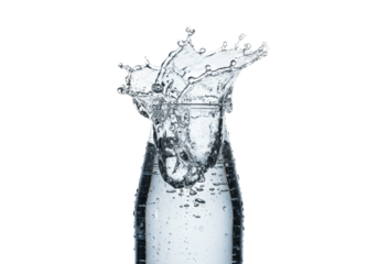 A photorealistic, hyperdetailed, chilled glass bottle of premium mineral water with condensation and rising bubbles, centered in a frozen crown splash on white, concept for premium beverage