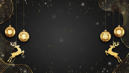 Plakat Czarne tło świąteczne lub sylwestrowe ze złotymi reniferami, bombkami, gwiazdami, fajerwerkami, iskrami, złotym pyłem