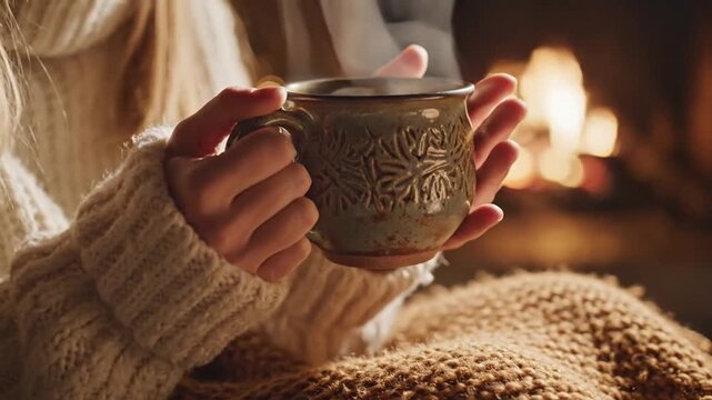 Cozy Scene of Person Holding Warm Steaming Mug Near Fireplace Wearing Chunky Knit Sweater Wrapped in Blanket Soft Focus Background with Bokeh Lights