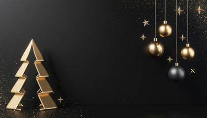 Luksusowe, nowoczesne, czarne tło świąteczne ze złotą choinką i wiszącymi bombkami