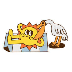 A sun cartoon character with pelican bird