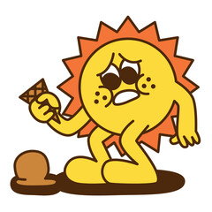  A sun cartoon character with a scoop of ice cream on the floor