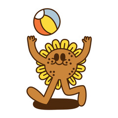 A sunflower cartoon character playing a beach ball