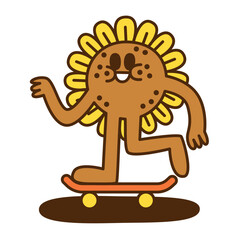 A sunflower cartoon character skating on a skateboard