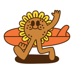 A sunflower cartoon character walking and holding a surfboard