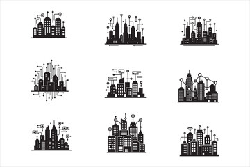 Fototapeta premium Smart city network silhouette vector icon set