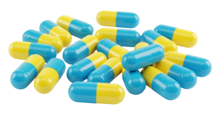 Blue and yellow capsules isolated PNG, pharmaceutical medication for health and wellness on transparent background