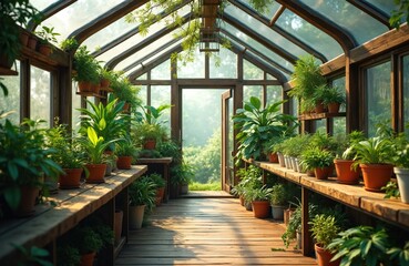 Fototapeta premium Sunlit wooden greenhouse filled with diverse green potted plants. Lush foliage grows on shelves, creating a vibrant natural oasis inside. An open door reveals a bright outdoor garden view.