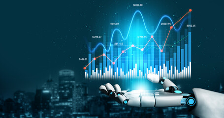 A futuristic robot hand showcases stock market trends with digital graphs, symbolizing the...