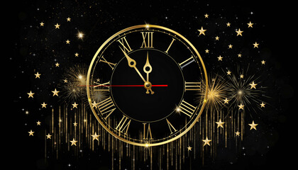 Black New Year's Eve background with a gold clock pointing to midnight, gold stars, gold particles, and fireworks