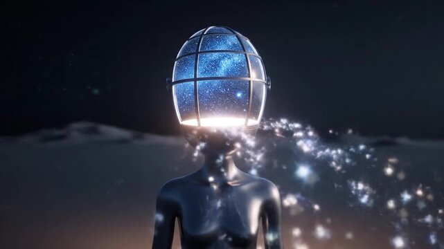 Futuristic Alien Being with Glowing Spherical Head on Dark Planet.