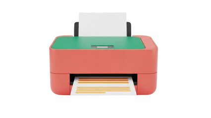 Coral and green printer with paper isolated PNG, office equipment for printing documents and creating hard copies on transparent background