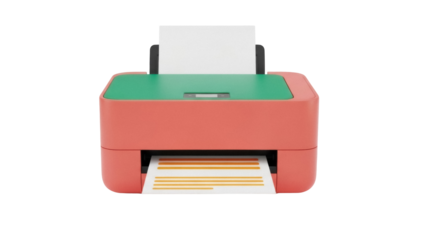 Coral and green printer with paper isolated PNG, office equipment for printing documents and creating hard copies on transparent background