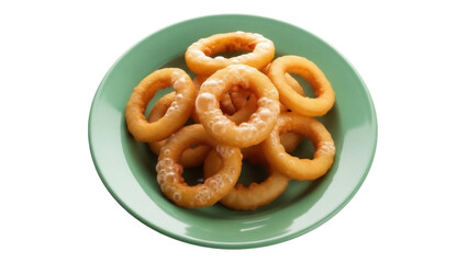 Golden onion rings on a green plate isolated PNG, crispy fried snack for fast food restaurants and junk food menus
