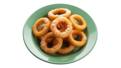 Golden onion rings on a green plate isolated PNG, crispy fried snack for fast food restaurants and junk food menus
