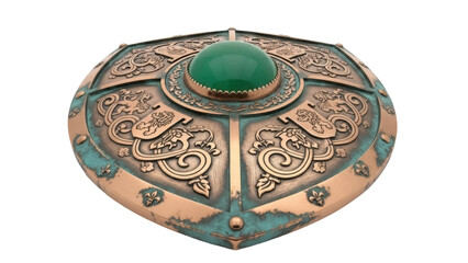 Ornate bronze shield with green gem isolated PNG, medieval heraldic design element for fantasy games and historical reenactment